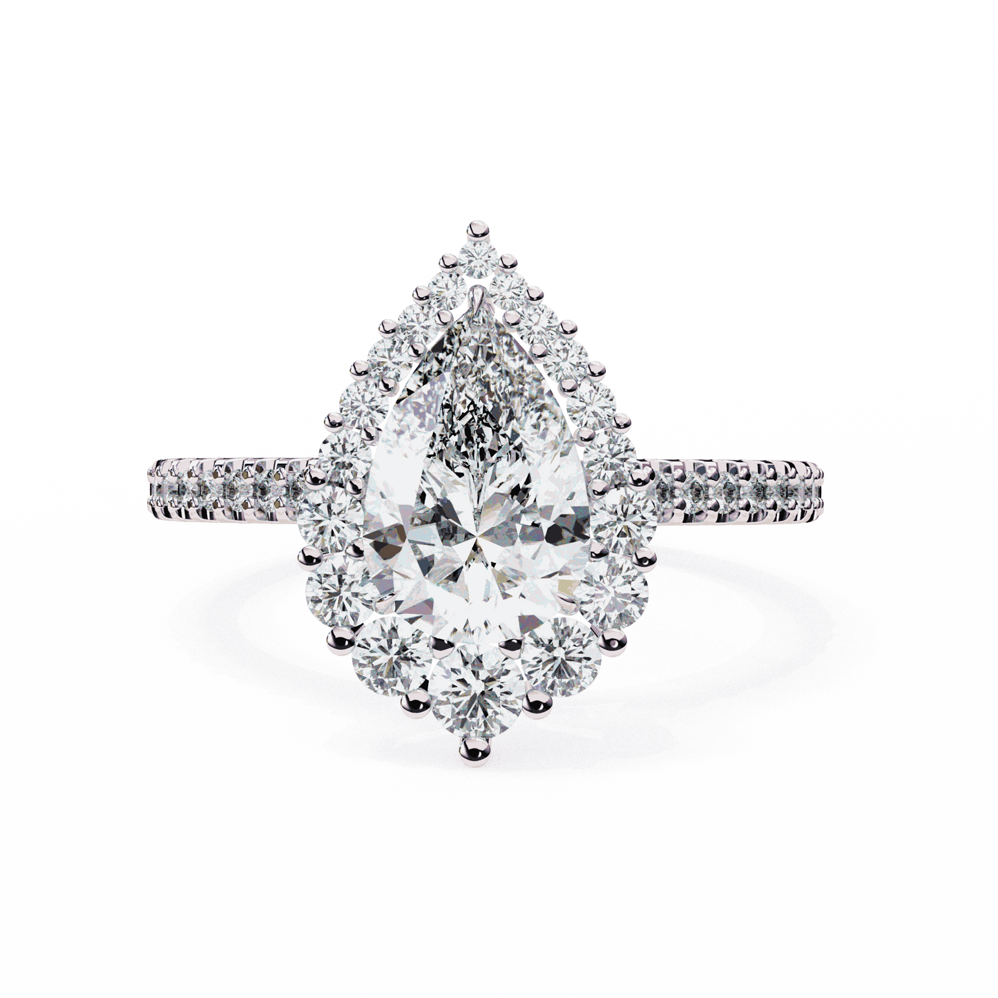 Pear Cut Lab Grown Diamond Halo Engagement Ring with Graduated Vintage Halo and Pave Band