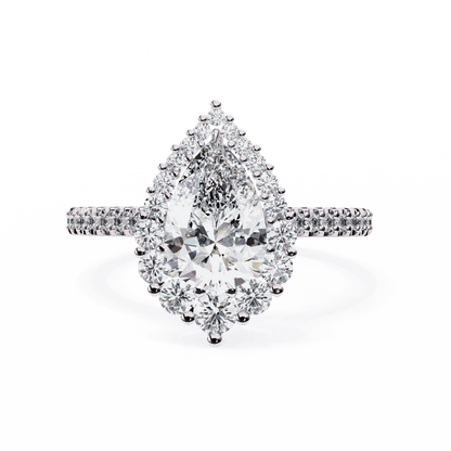 Pear Cut Lab Grown Diamond Halo Engagement Ring with Graduated Vintage Halo and Pave Band