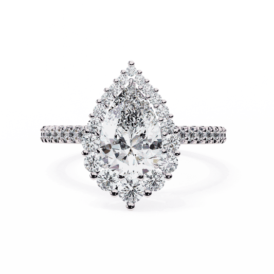 Pear Cut Lab Grown Diamond Halo Engagement Ring with Graduated Vintage Halo and Pave Band