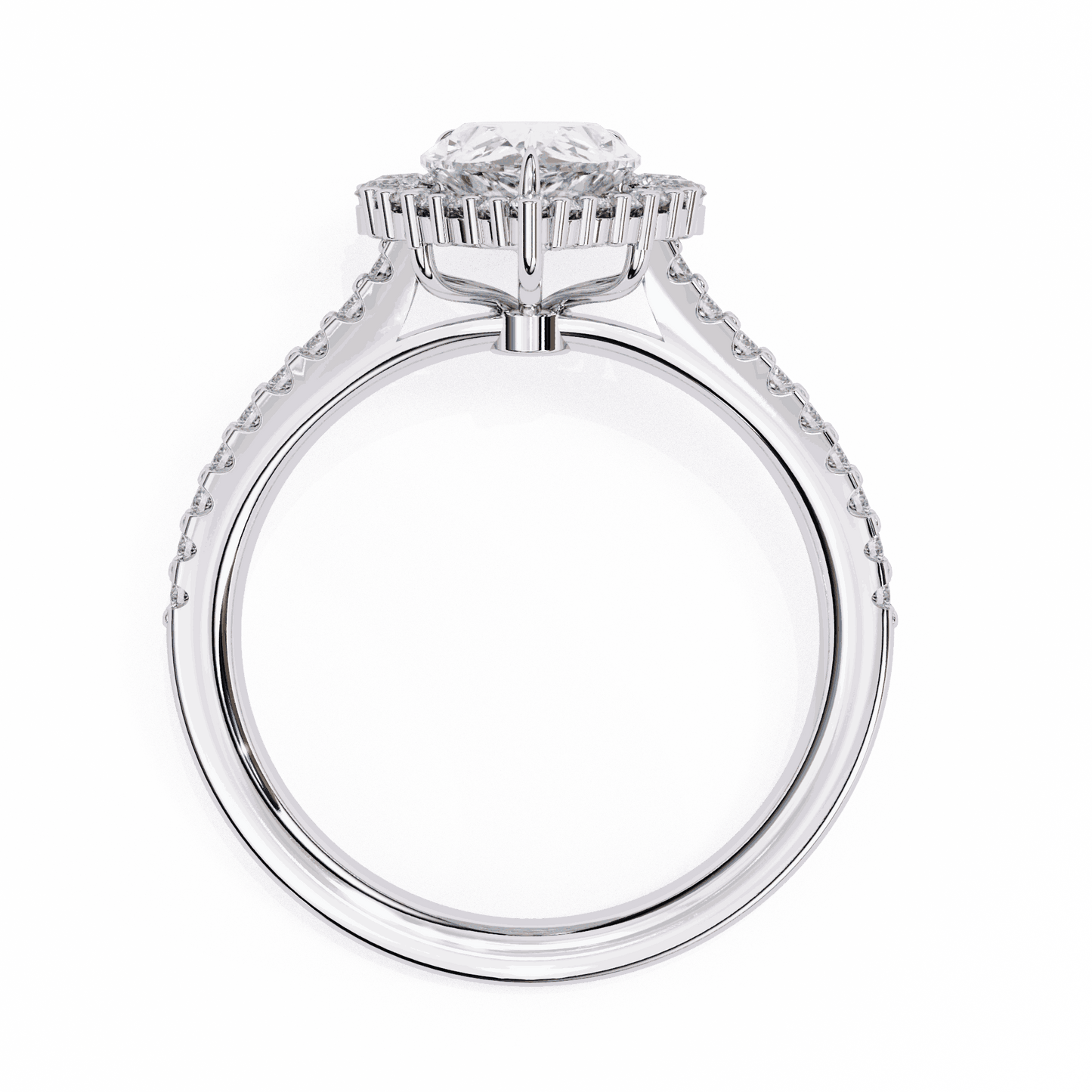 Pear Cut Lab Grown Diamond Halo Engagement Ring with Graduated Vintage Halo and Pave Band