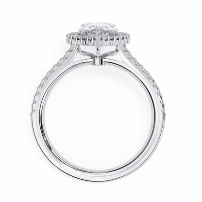 Pear Cut Lab Grown Diamond Halo Engagement Ring with Graduated Vintage Halo and Pave Band