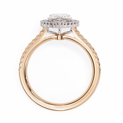 Pear Cut Lab Grown Diamond Halo Engagement Ring with Graduated Vintage Halo and Pave Band