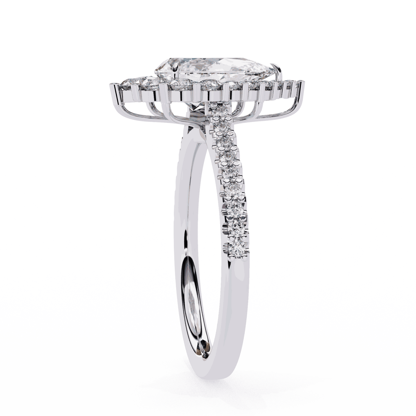 Pear Cut Lab Grown Diamond Halo Engagement Ring with Graduated Vintage Halo and Pave Band