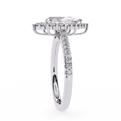 Pear Cut Lab Grown Diamond Halo Engagement Ring with Graduated Vintage Halo and Pave Band