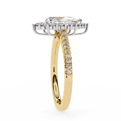Pear Cut Lab Grown Diamond Halo Engagement Ring with Graduated Vintage Halo and Pave Band