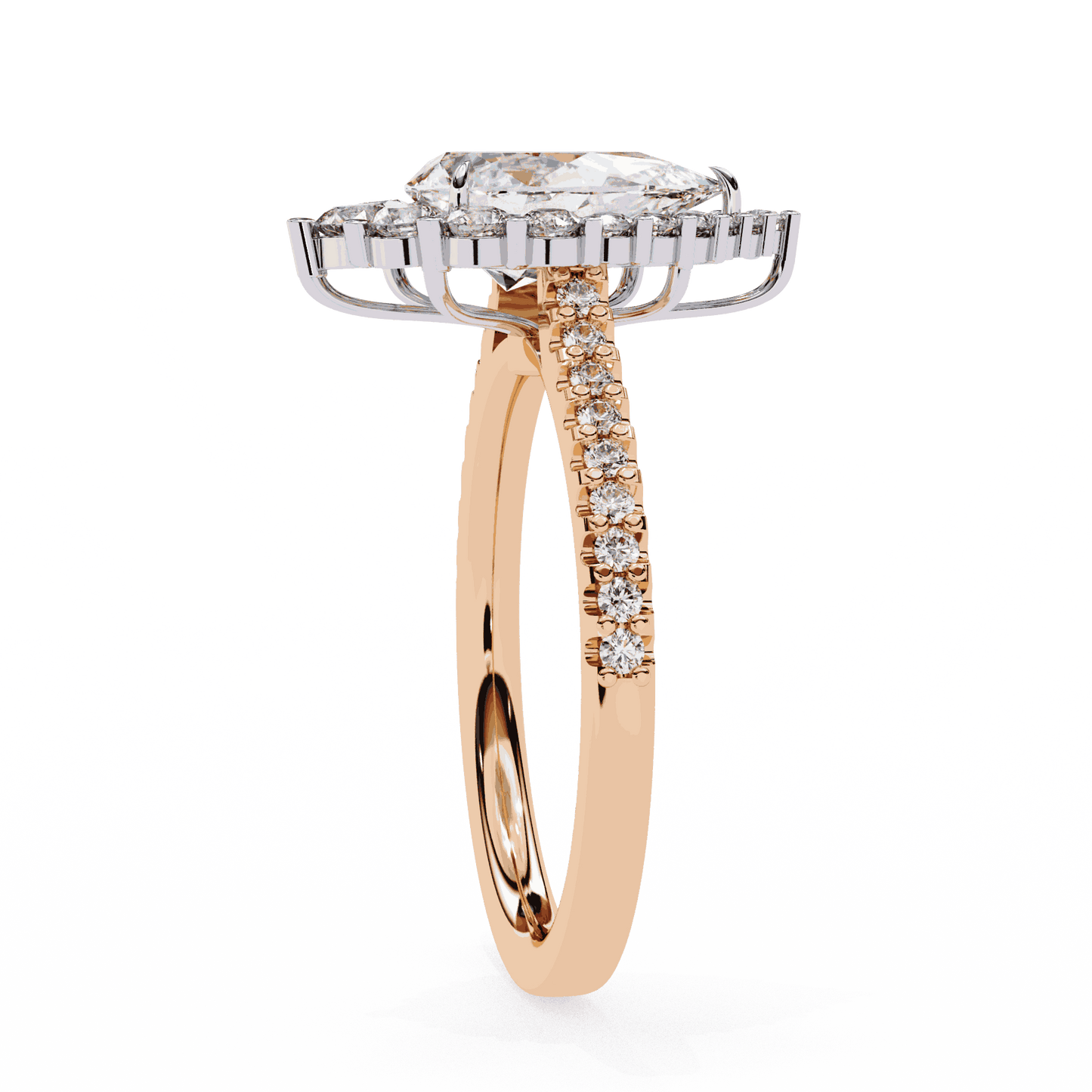 Pear Cut Lab Grown Diamond Halo Engagement Ring with Graduated Vintage Halo and Pave Band