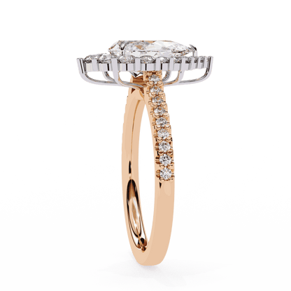 Pear Cut Lab Grown Diamond Halo Engagement Ring with Graduated Vintage Halo and Pave Band