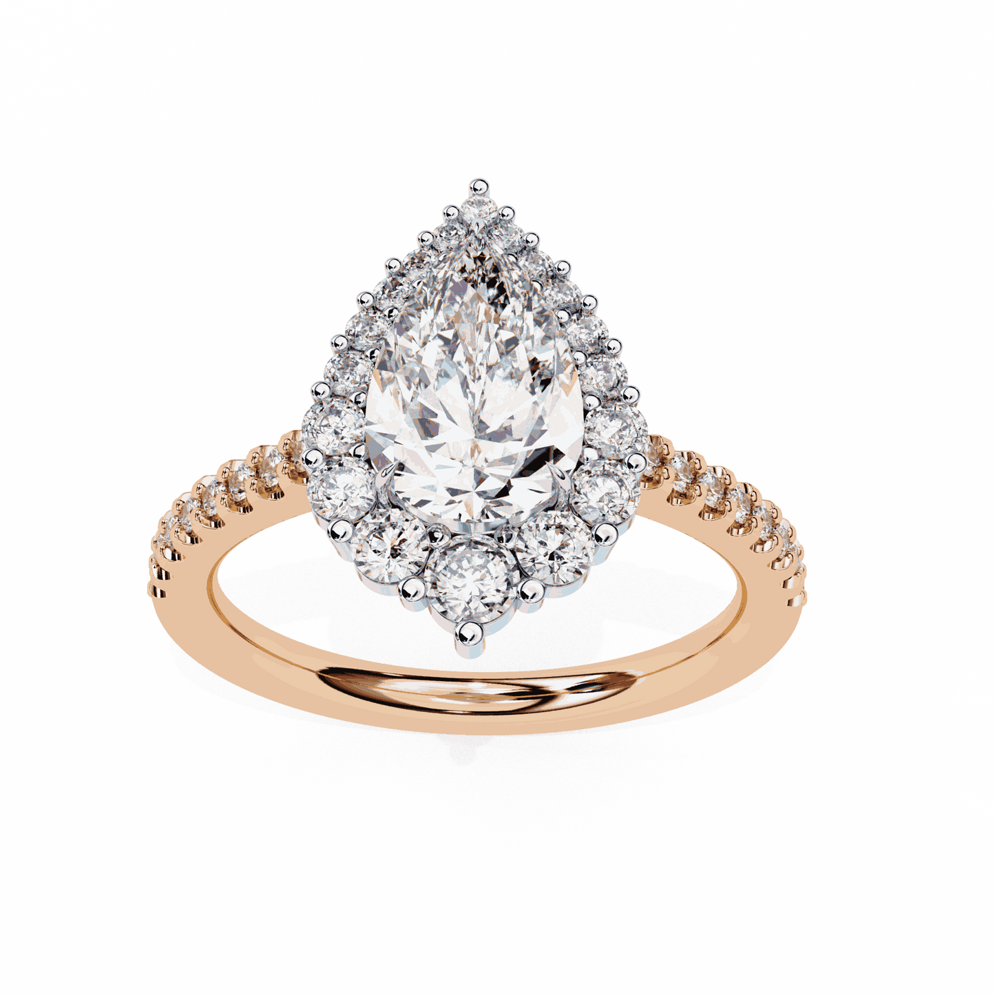 Pear Cut Lab Grown Diamond Halo Engagement Ring with Graduated Vintage Halo and Pave Band