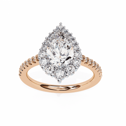 Pear Cut Lab Grown Diamond Halo Engagement Ring with Graduated Vintage Halo and Pave Band