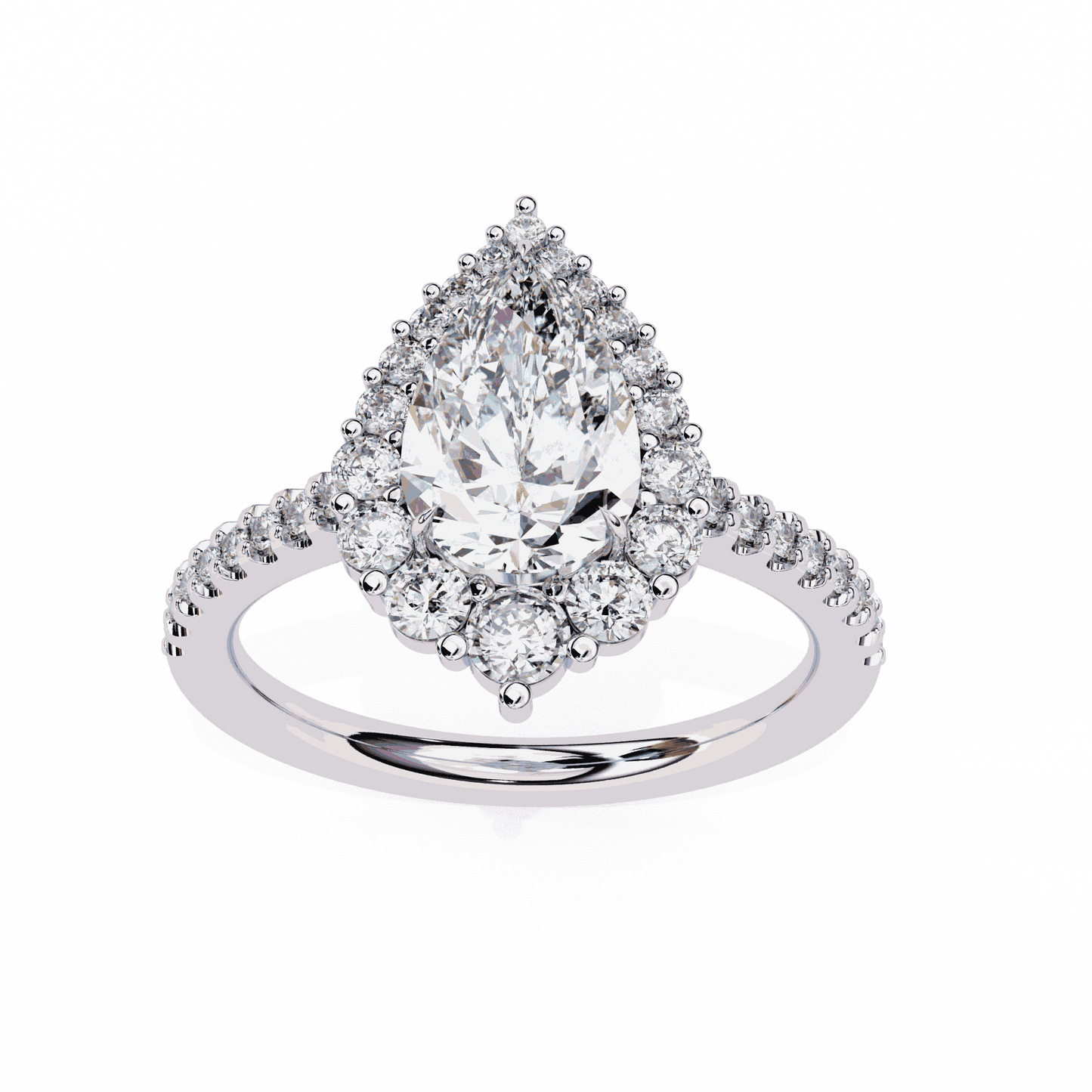 Pear Cut Lab Grown Diamond Halo Engagement Ring with Graduated Vintage Halo and Pave Band