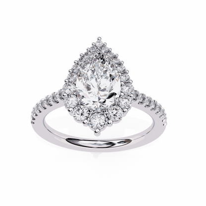 Pear Cut Lab Grown Diamond Halo Engagement Ring with Graduated Vintage Halo and Pave Band