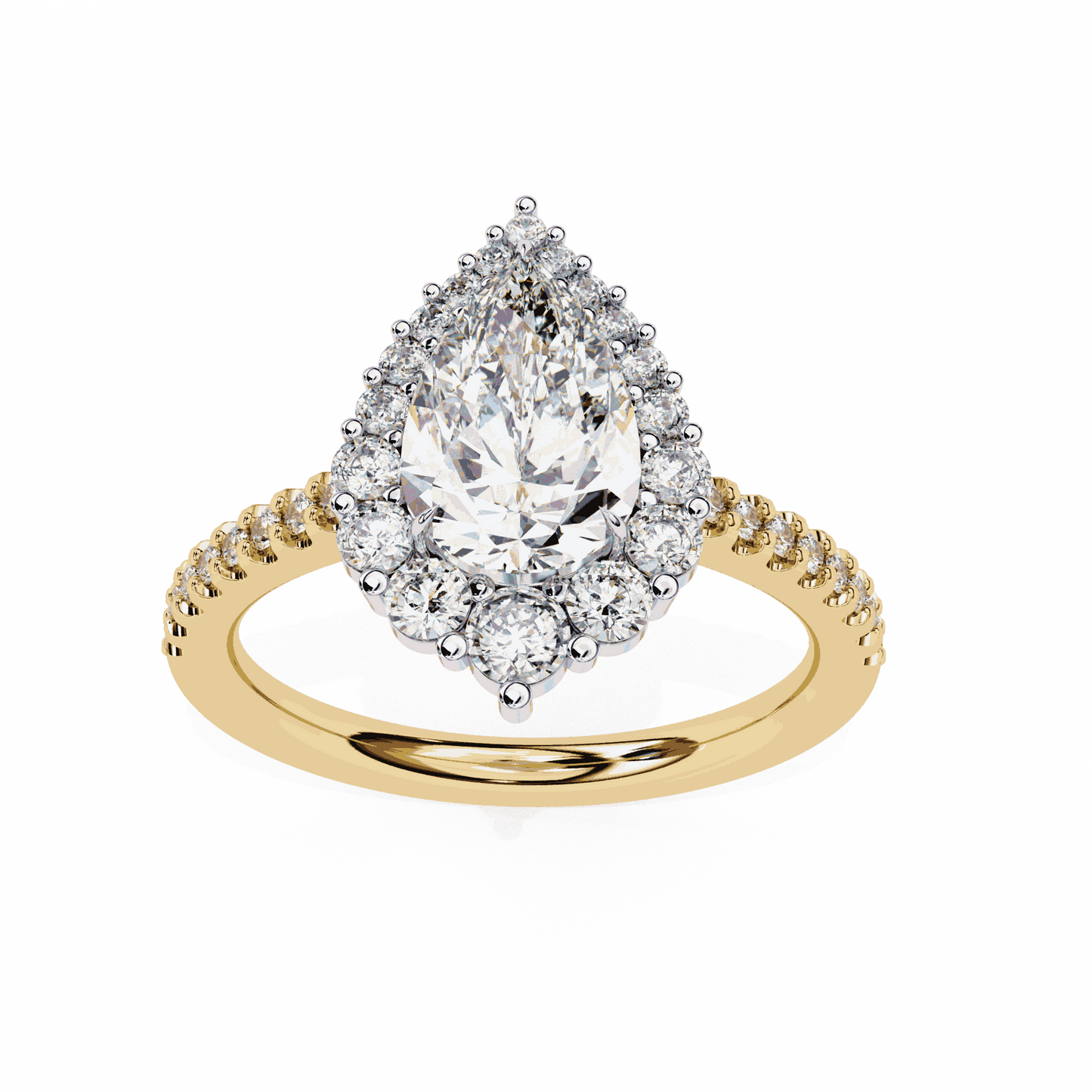 Pear Cut Lab Grown Diamond Halo Engagement Ring with Graduated Vintage Halo and Pave Band