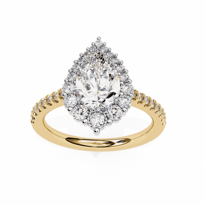 Pear Cut Lab Grown Diamond Halo Engagement Ring with Graduated Vintage Halo and Pave Band