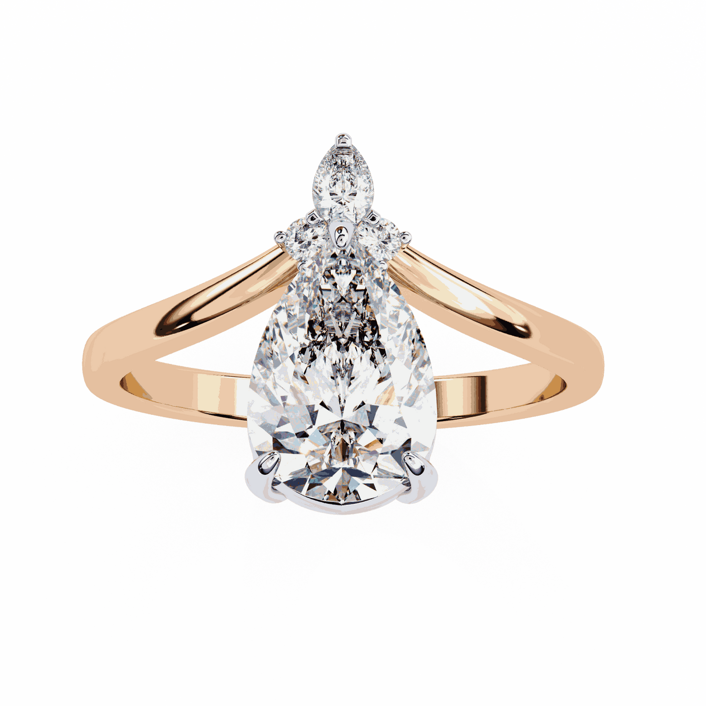 Pear Cut Lab Grown Diamond Side Stone Engagement Ring with Marquise and Round Crown Accent