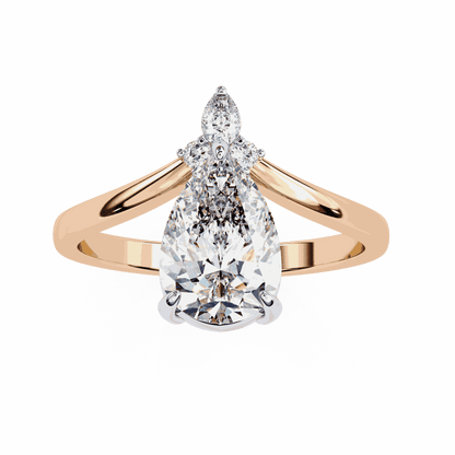 Pear Cut Lab Grown Diamond Side Stone Engagement Ring with Marquise and Round Crown Accent