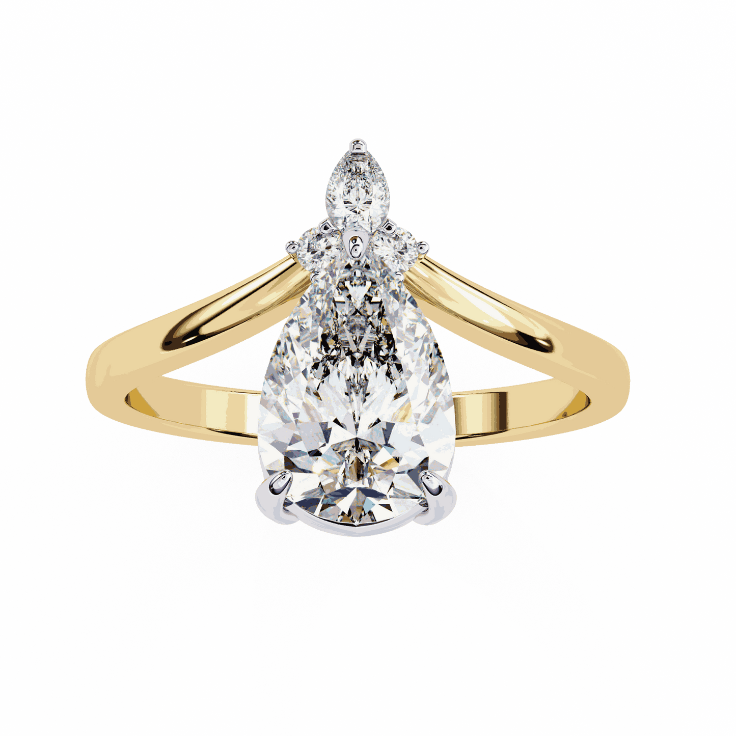 Pear Cut Lab Grown Diamond Side Stone Engagement Ring with Marquise and Round Crown Accent