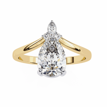 Pear Cut Lab Grown Diamond Side Stone Engagement Ring with Marquise and Round Crown Accent