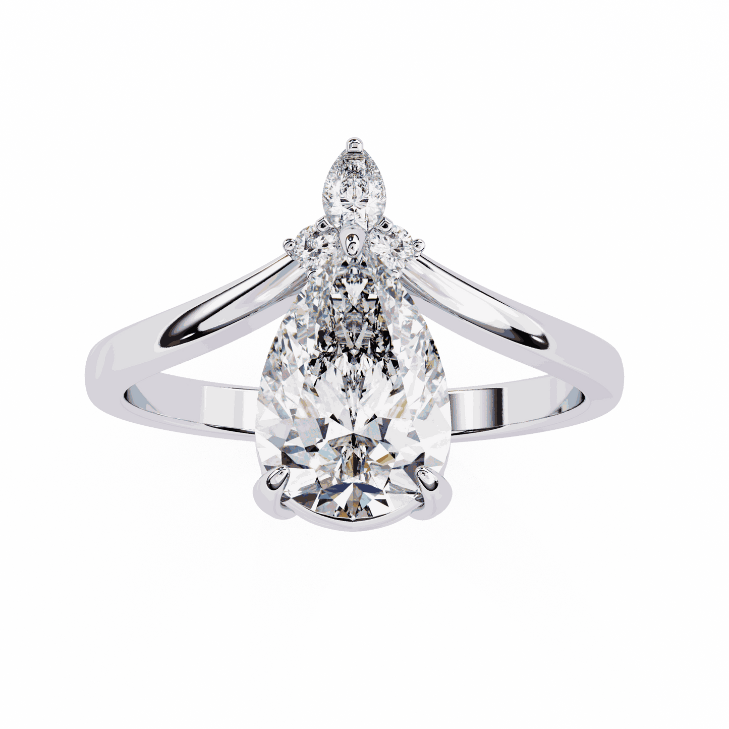 Pear Cut Lab Grown Diamond Side Stone Engagement Ring with Marquise and Round Crown Accent
