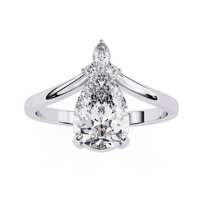 Pear Cut Lab Grown Diamond Side Stone Engagement Ring with Marquise and Round Crown Accent