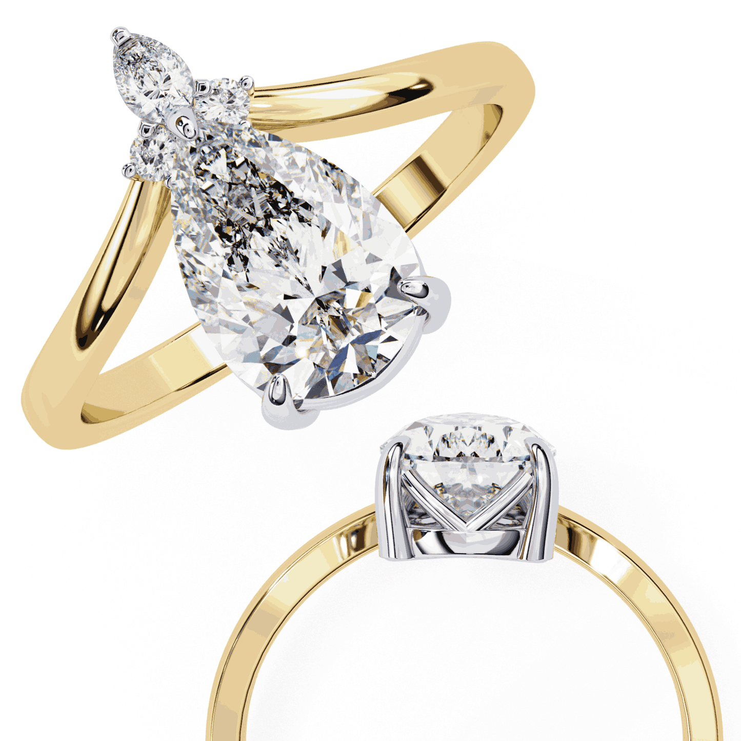 Pear Cut Lab Grown Diamond Side Stone Engagement Ring with Marquise and Round Crown Accent