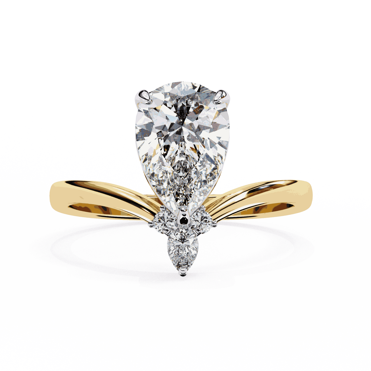 Pear Cut Lab Grown Diamond Side Stone Engagement Ring with Marquise and Round Crown Accent