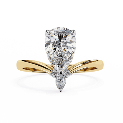 Pear Cut Lab Grown Diamond Side Stone Engagement Ring with Marquise and Round Crown Accent