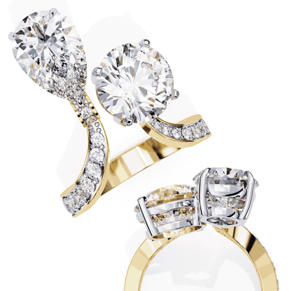 Pear and Round Cut Lab Grown Diamond Toi et Moi Engagement Ring with Bypass Accent Band