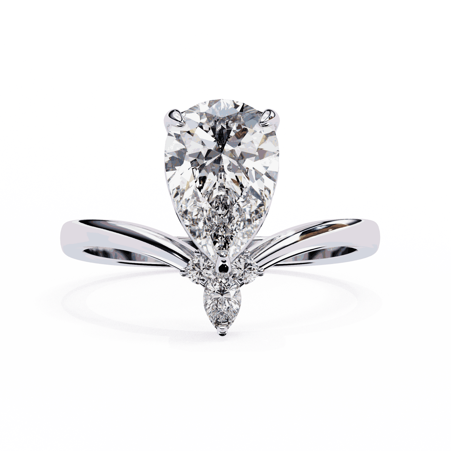 Pear Cut Lab Grown Diamond Side Stone Engagement Ring with Marquise and Round Crown Accent
