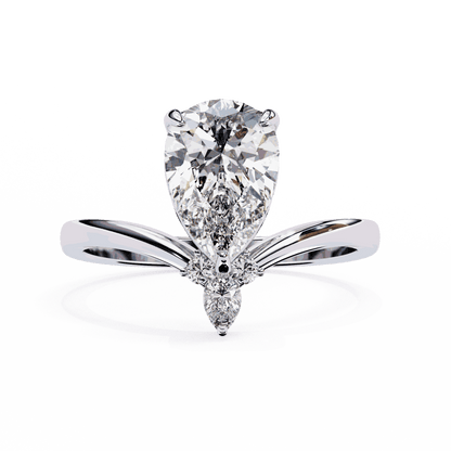 Pear Cut Lab Grown Diamond Side Stone Engagement Ring with Marquise and Round Crown Accent