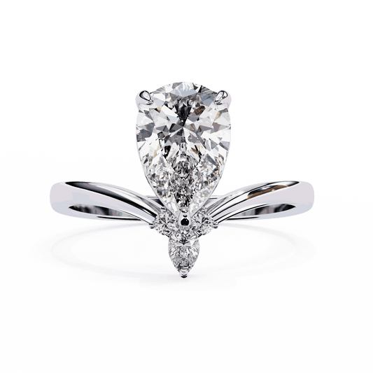 Pear Cut Lab Grown Diamond Side Stone Engagement Ring with Marquise and Round Crown Accent