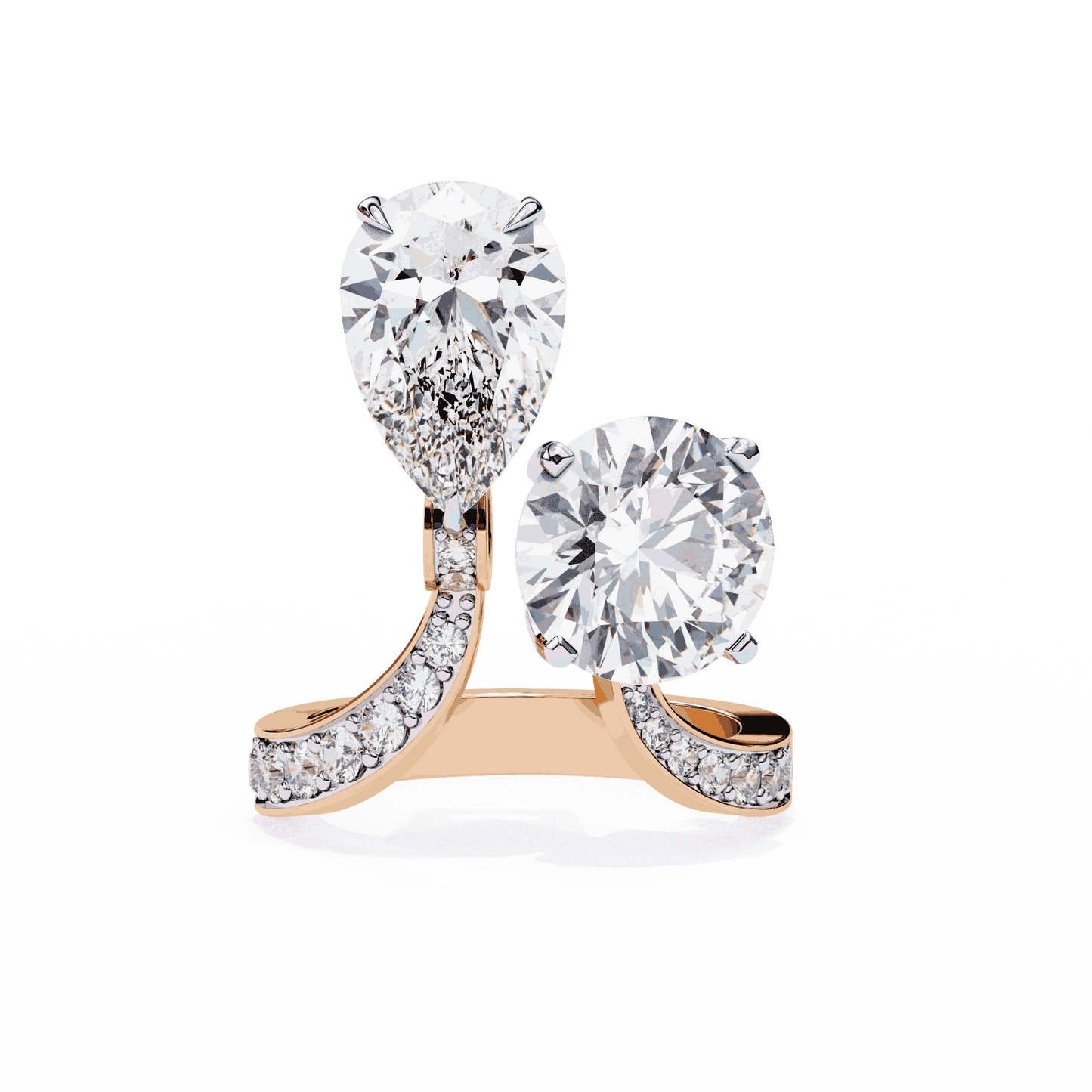 Pear and Round Cut Lab Grown Diamond Toi et Moi Engagement Ring with Bypass Accent Band