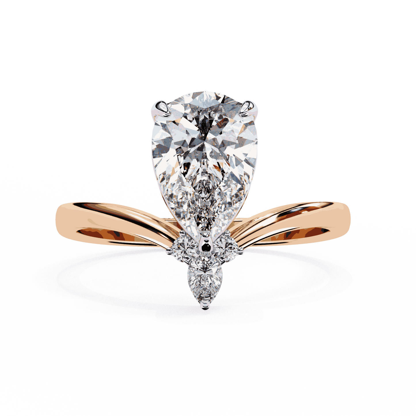 Pear Cut Lab Grown Diamond Side Stone Engagement Ring with Marquise and Round Crown Accent