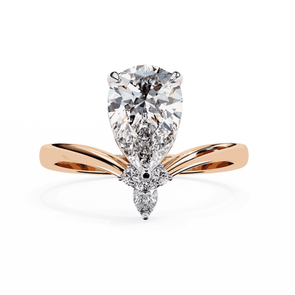 Pear Cut Lab Grown Diamond Side Stone Engagement Ring with Marquise and Round Crown Accent