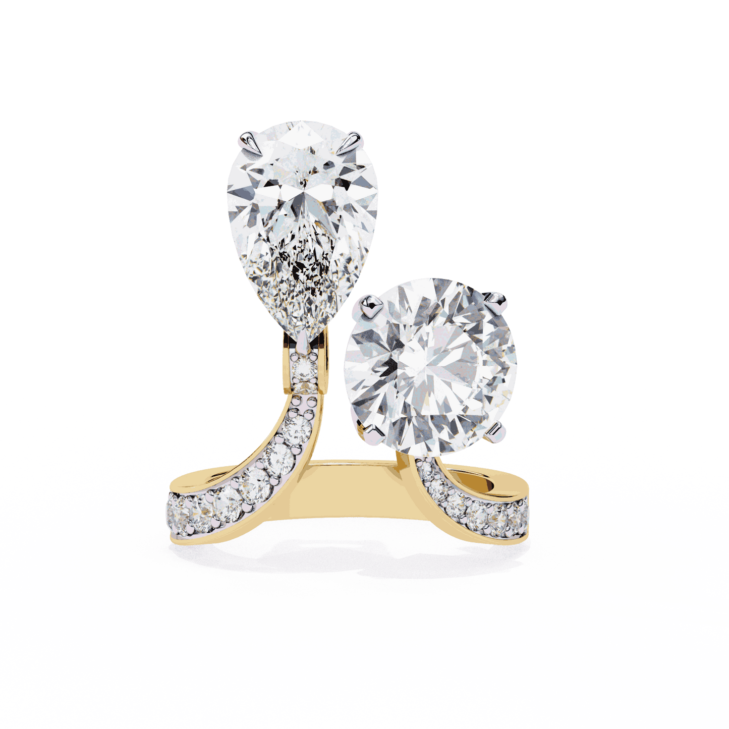 Pear and Round Cut Lab Grown Diamond Toi et Moi Engagement Ring with Bypass Accent Band