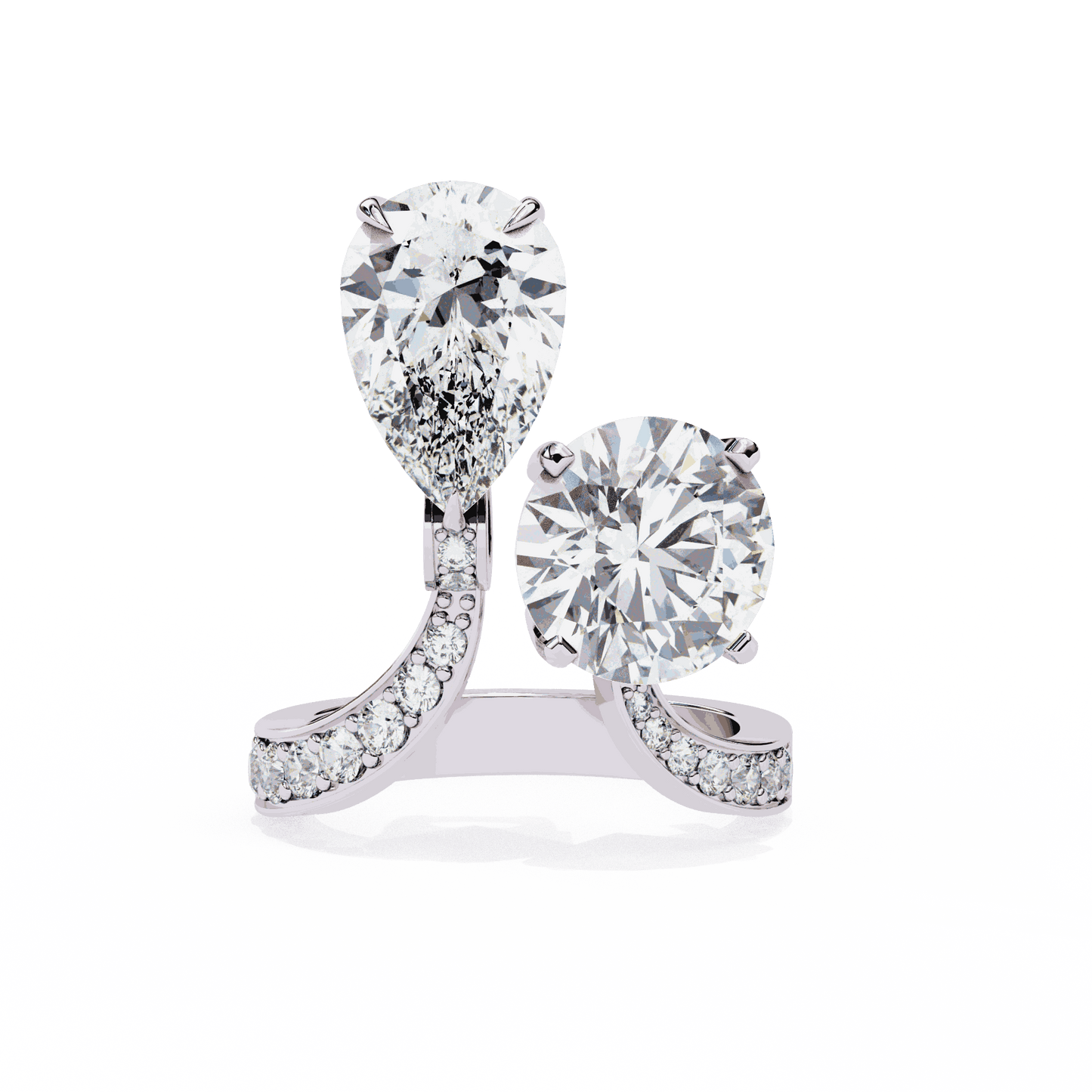 Pear and Round Cut Lab Grown Diamond Toi et Moi Engagement Ring with Bypass Accent Band
