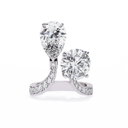 Pear and Round Cut Lab Grown Diamond Toi et Moi Engagement Ring with Bypass Accent Band