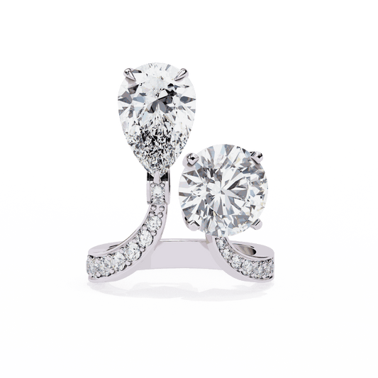 Pear and Round Cut Lab Grown Diamond Toi et Moi Engagement Ring with Bypass Accent Band