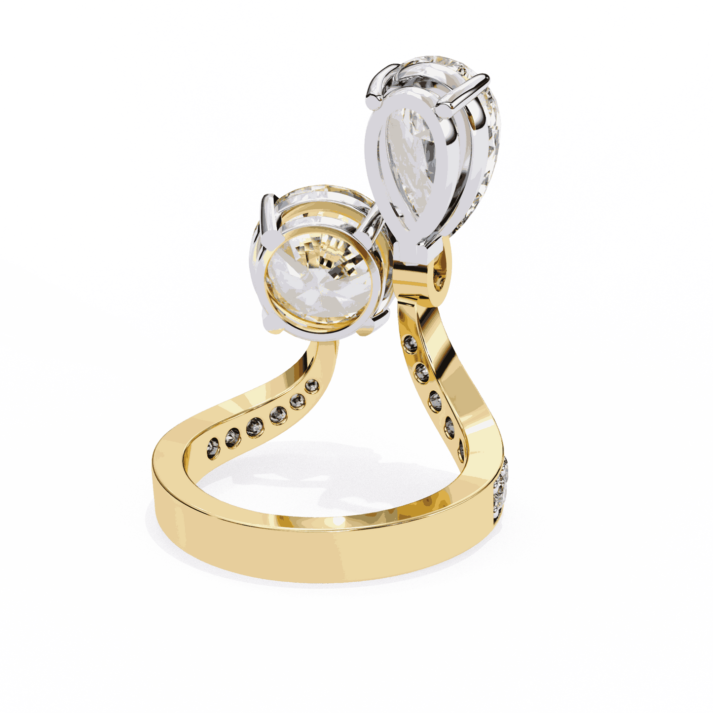 Pear and Round Cut Lab Grown Diamond Toi et Moi Engagement Ring with Bypass Accent Band