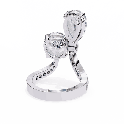 Pear and Round Cut Lab Grown Diamond Toi et Moi Engagement Ring with Bypass Accent Band