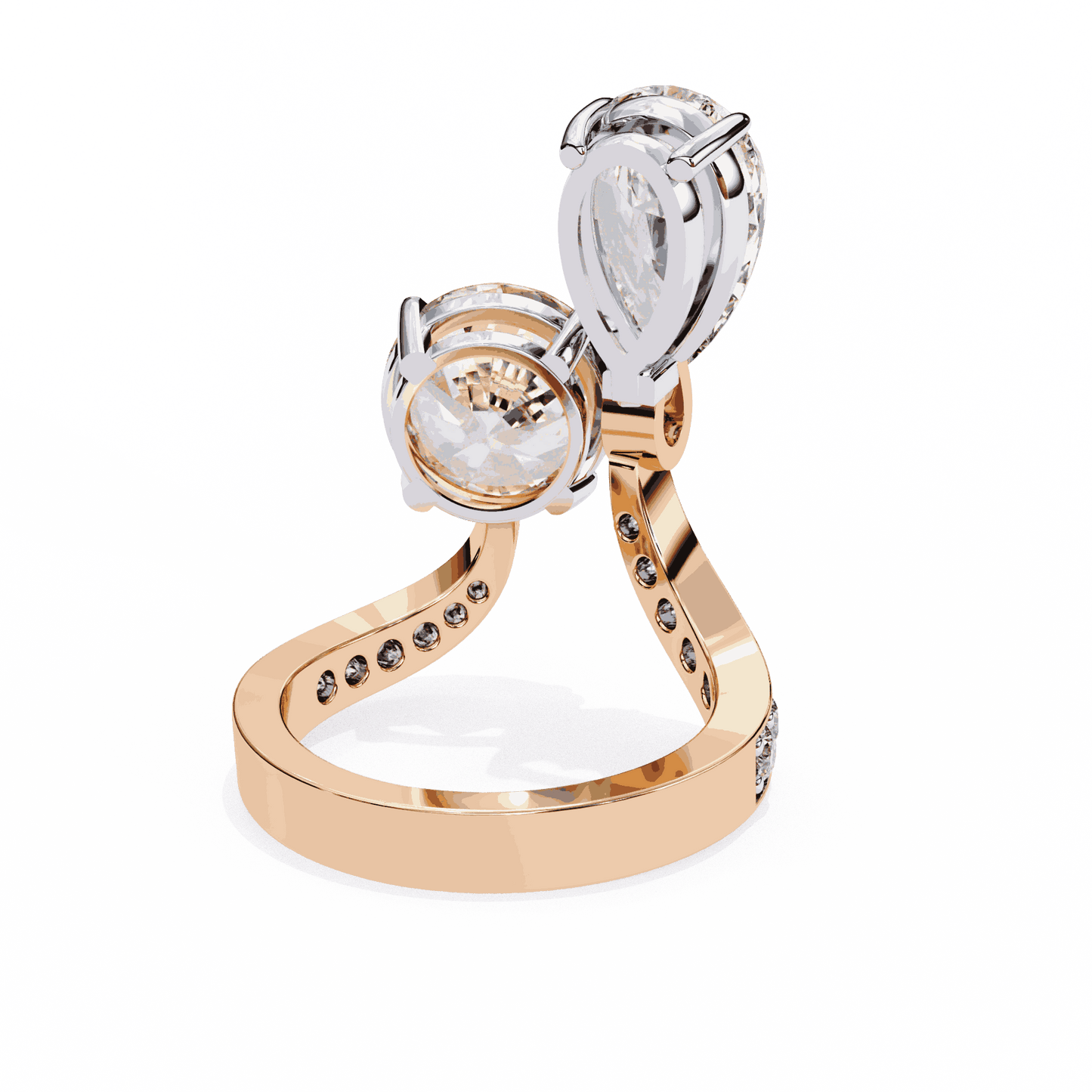 Pear and Round Cut Lab Grown Diamond Toi et Moi Engagement Ring with Bypass Accent Band