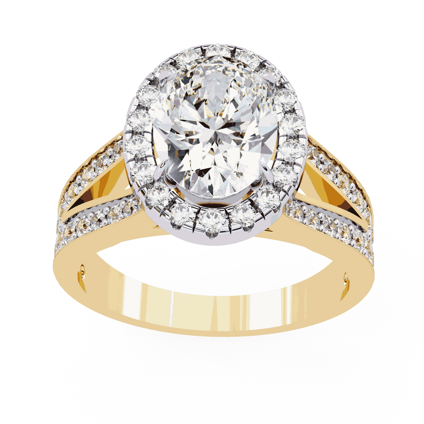 Oval Cut Lab Grown Diamond Halo Engagement Ring with Split Shank Double Pave Band