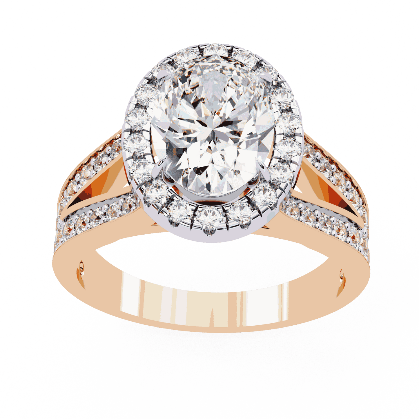 Oval Cut Lab Grown Diamond Halo Engagement Ring with Split Shank Double Pave Band
