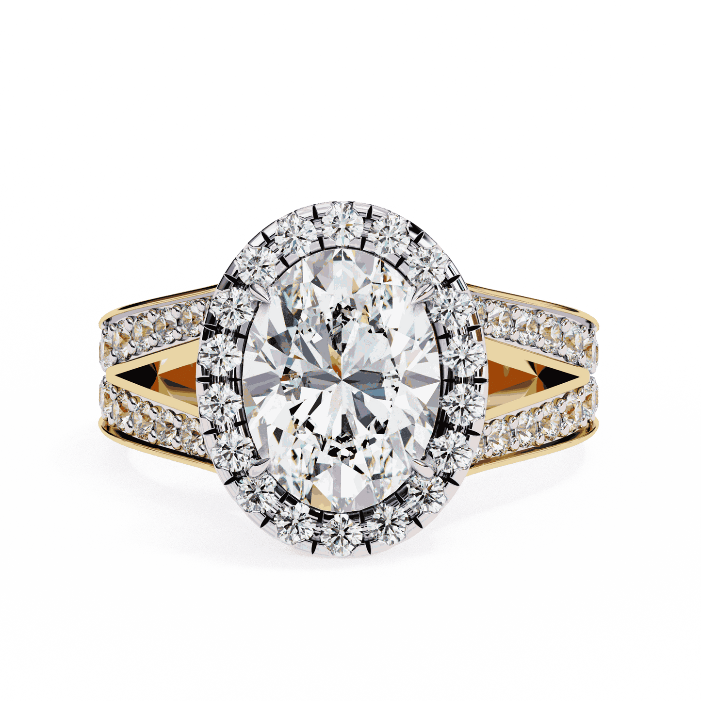 Oval Cut Lab Grown Diamond Halo Engagement Ring with Split Shank Double Pave Band