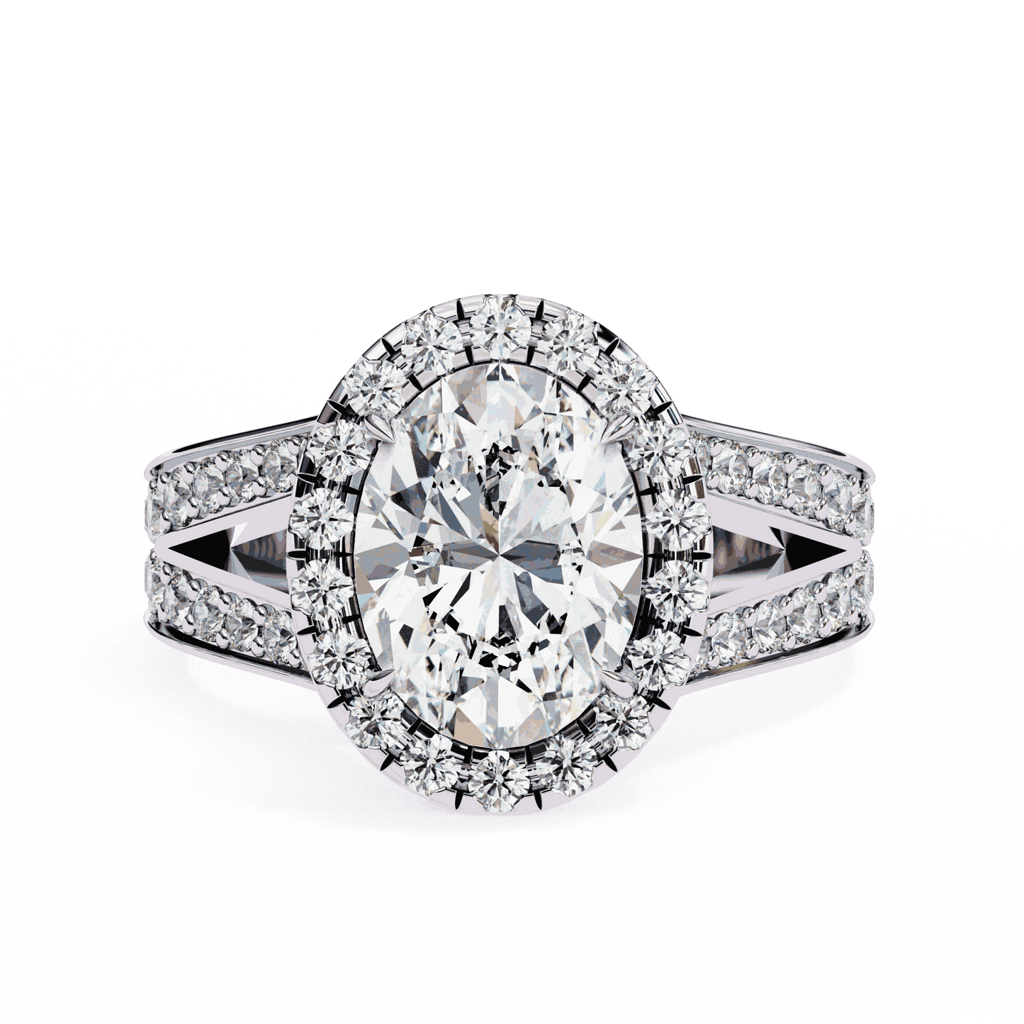 Oval Cut Lab Grown Diamond Halo Engagement Ring with Split Shank Double Pave Band
