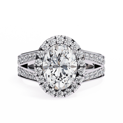 Oval Cut Lab Grown Diamond Halo Engagement Ring with Split Shank Double Pave Band