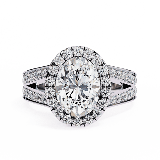 Oval Cut Lab Grown Diamond Halo Engagement Ring with Split Shank Double Pave Band