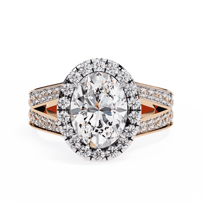 Oval Cut Lab Grown Diamond Halo Engagement Ring with Split Shank Double Pave Band