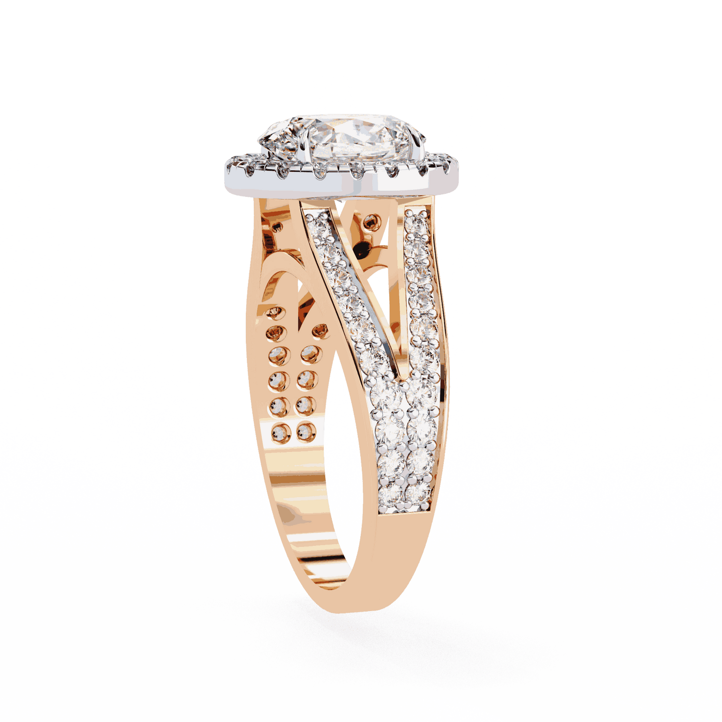 Oval Cut Lab Grown Diamond Halo Engagement Ring with Split Shank Double Pave Band