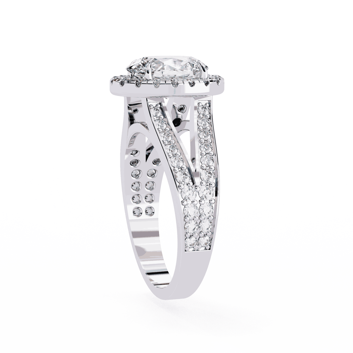 Oval Cut Lab Grown Diamond Halo Engagement Ring with Split Shank Double Pave Band
