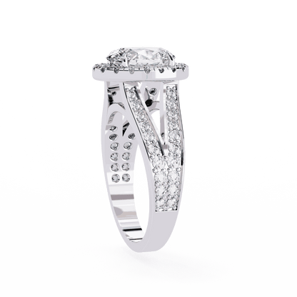 Oval Cut Lab Grown Diamond Halo Engagement Ring with Split Shank Double Pave Band